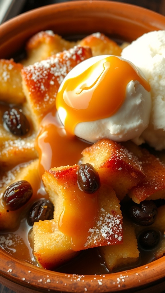 A warm bread pudding with raisins, topped with powdered sugar and caramel sauce, served with ice cream.